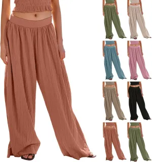 Women Linen Palazzo Pants Summer Casual Wide Leg Pants Elastic Waist Boho Beach Pants Flowy Pants with Pockets