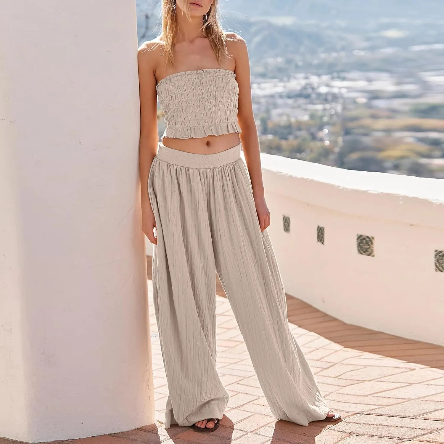 Women Linen Palazzo Pants Summer Casual Wide Leg Pants Elastic Waist Boho Beach Pants Flowy Pants with Pockets