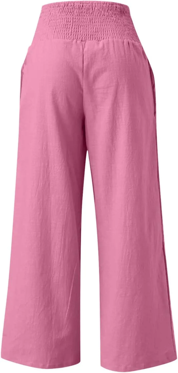 Women Linen Pants Casual Baggy Wide Leg Pants High Waisted Lounge Pants with Pockets Summer Lightweight Beach Pants
