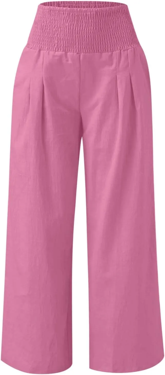 Women Linen Pants Casual Baggy Wide Leg Pants High Waisted Lounge Pants with Pockets Summer Lightweight Beach Pants