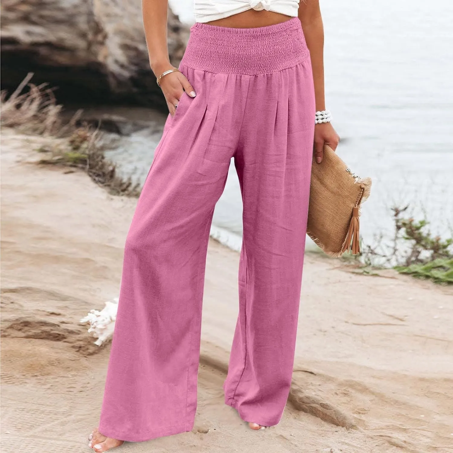 Women Linen Pants Casual Baggy Wide Leg Pants High Waisted Lounge Pants with Pockets Summer Lightweight Beach Pants