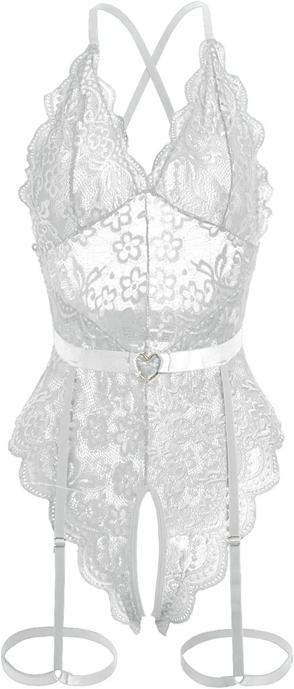 Women lingerie Floral Lace Scallop Floral Babydoll Bodysuit With Garter