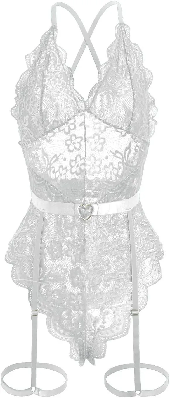 Women lingerie Floral Lace Scallop Floral Babydoll Bodysuit With Garter