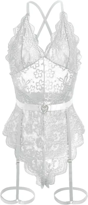 Women lingerie Floral Lace Scallop Floral Babydoll Bodysuit With Garter