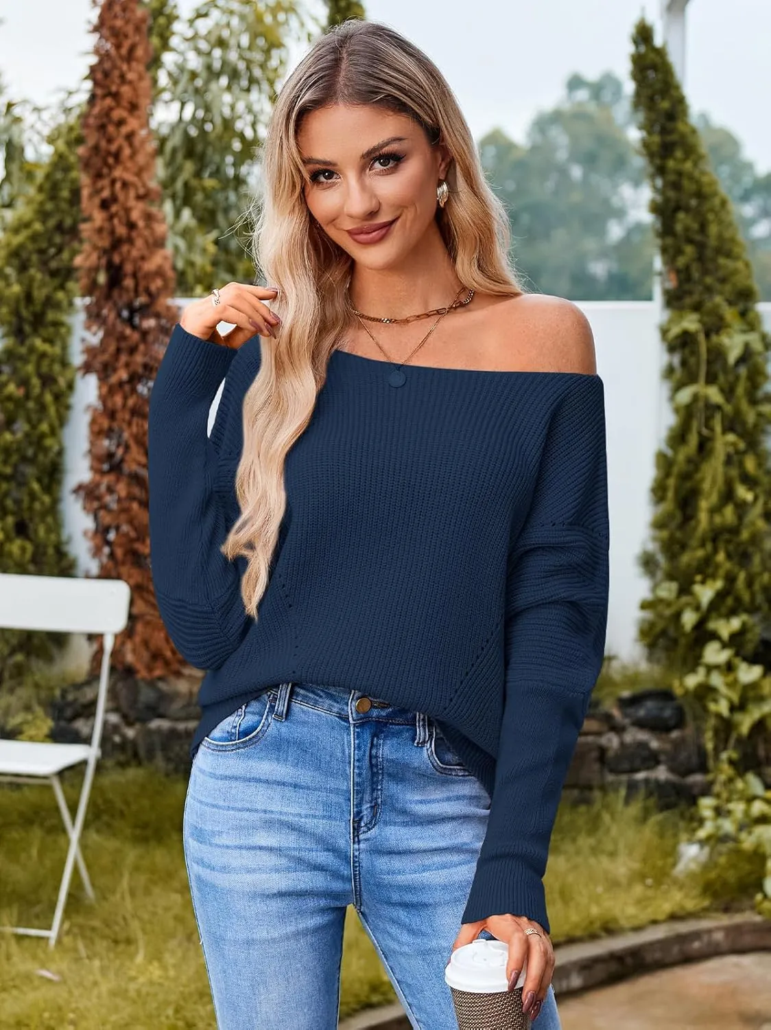 Women Off The Shoulder Sweater Batwing Long Sleeve Loose Fit Knit Pullover Tops Casual Fall Jumper Tops 2024