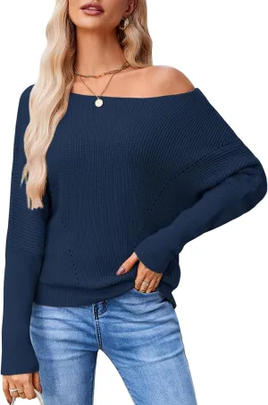 Women Off The Shoulder Sweater Batwing Long Sleeve Loose Fit Knit Pullover Tops Casual Fall Jumper Tops 2024