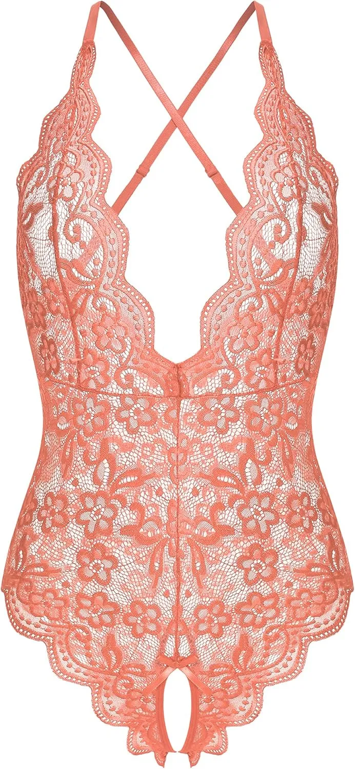 Women One Piece Lingerie Sexy Teddy V Neck Bodysuit Lace Nightie