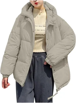 Women Oversized Puffer Jackets Warm Winter Down Coat with Hood Pockets Casual Long Sleeve Zipped Quilted Coat Outwear