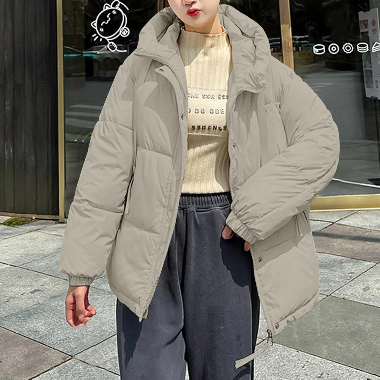 Women Oversized Puffer Jackets Warm Winter Down Coat with Hood Pockets Casual Long Sleeve Zipped Quilted Coat Outwear