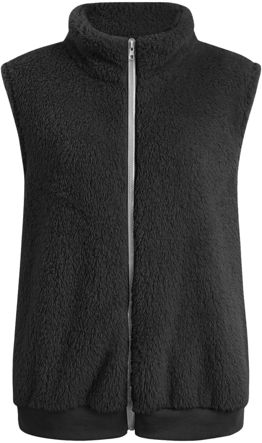 Women Plush Hooded Coats Lightweight Vest Coat Winter Outwear Zip Up Fleece Sleeveless Jacket with Pockets