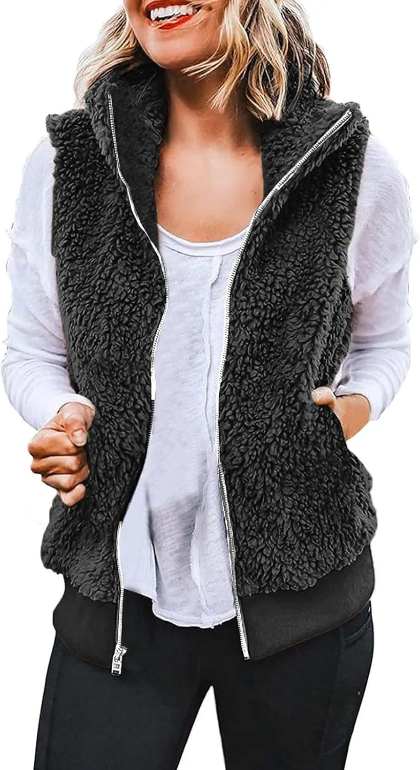 Women Plush Hooded Coats Lightweight Vest Coat Winter Outwear Zip Up Fleece Sleeveless Jacket with Pockets