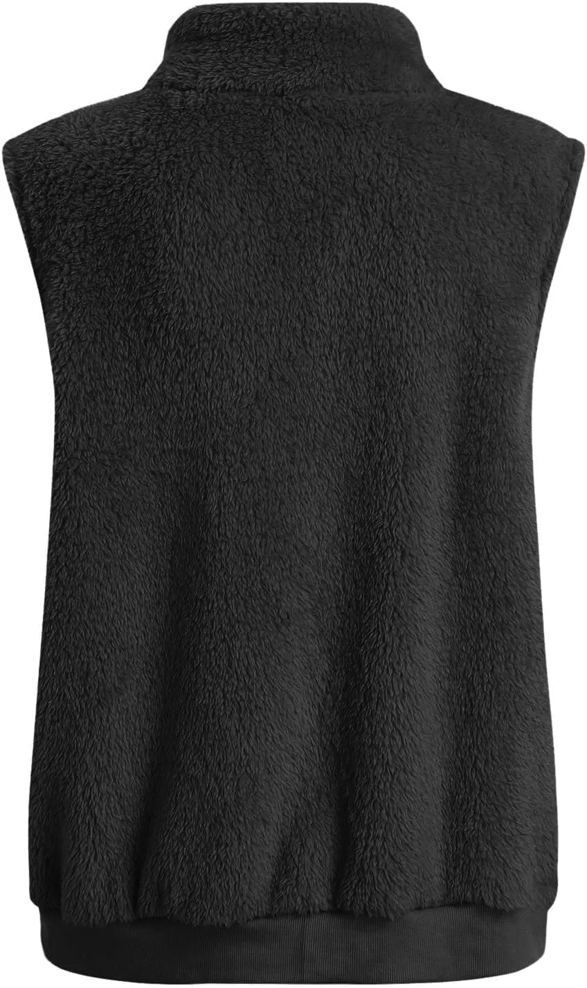 Women Plush Hooded Coats Lightweight Vest Coat Winter Outwear Zip Up Fleece Sleeveless Jacket with Pockets