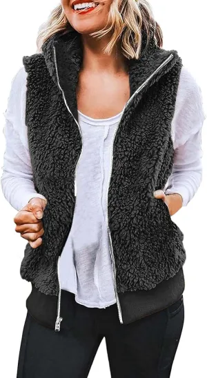 Women Plush Hooded Coats Lightweight Vest Coat Winter Outwear Zip Up Fleece Sleeveless Jacket with Pockets