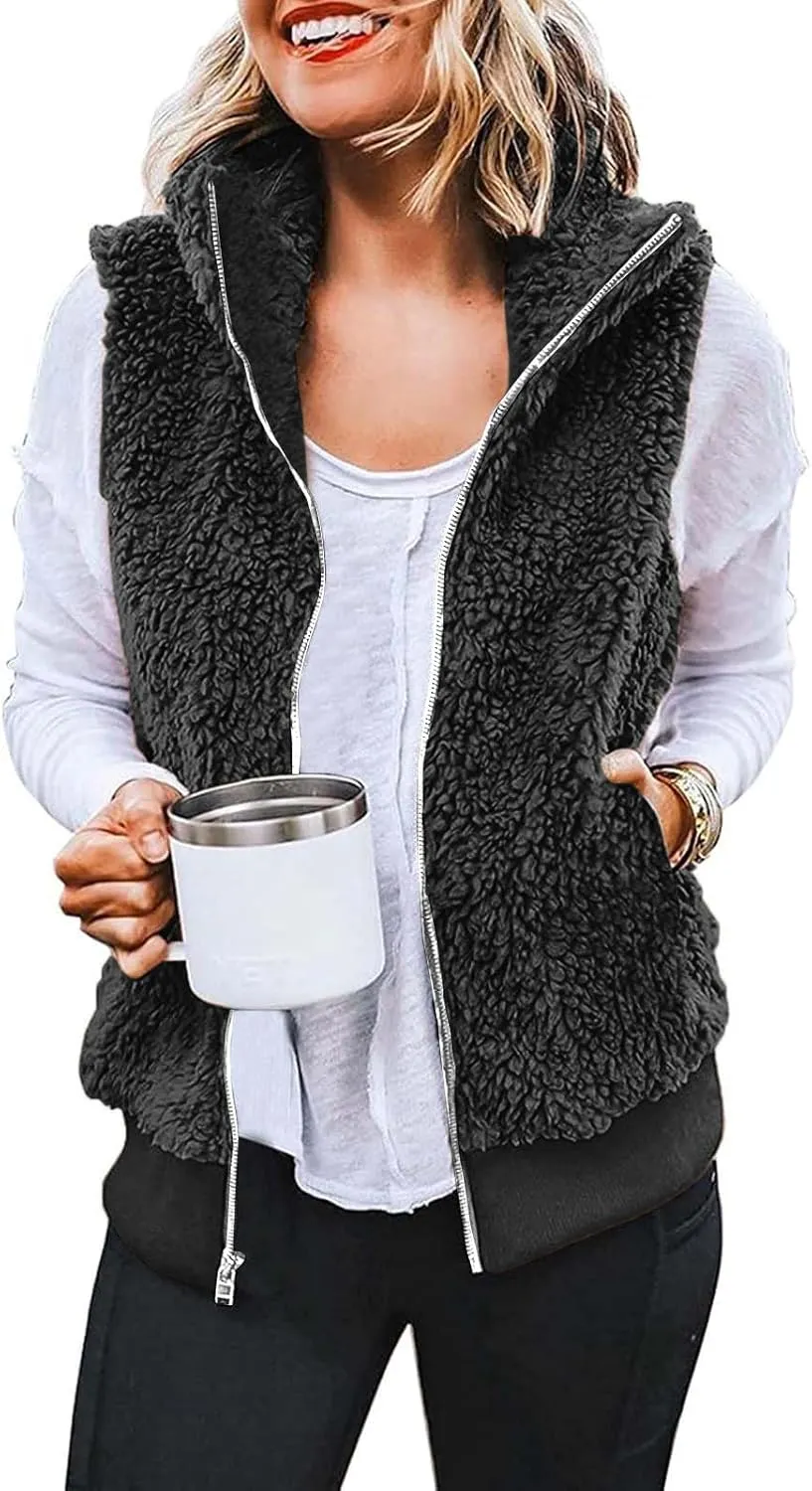 Women Plush Hooded Coats Lightweight Vest Coat Winter Outwear Zip Up Fleece Sleeveless Jacket with Pockets