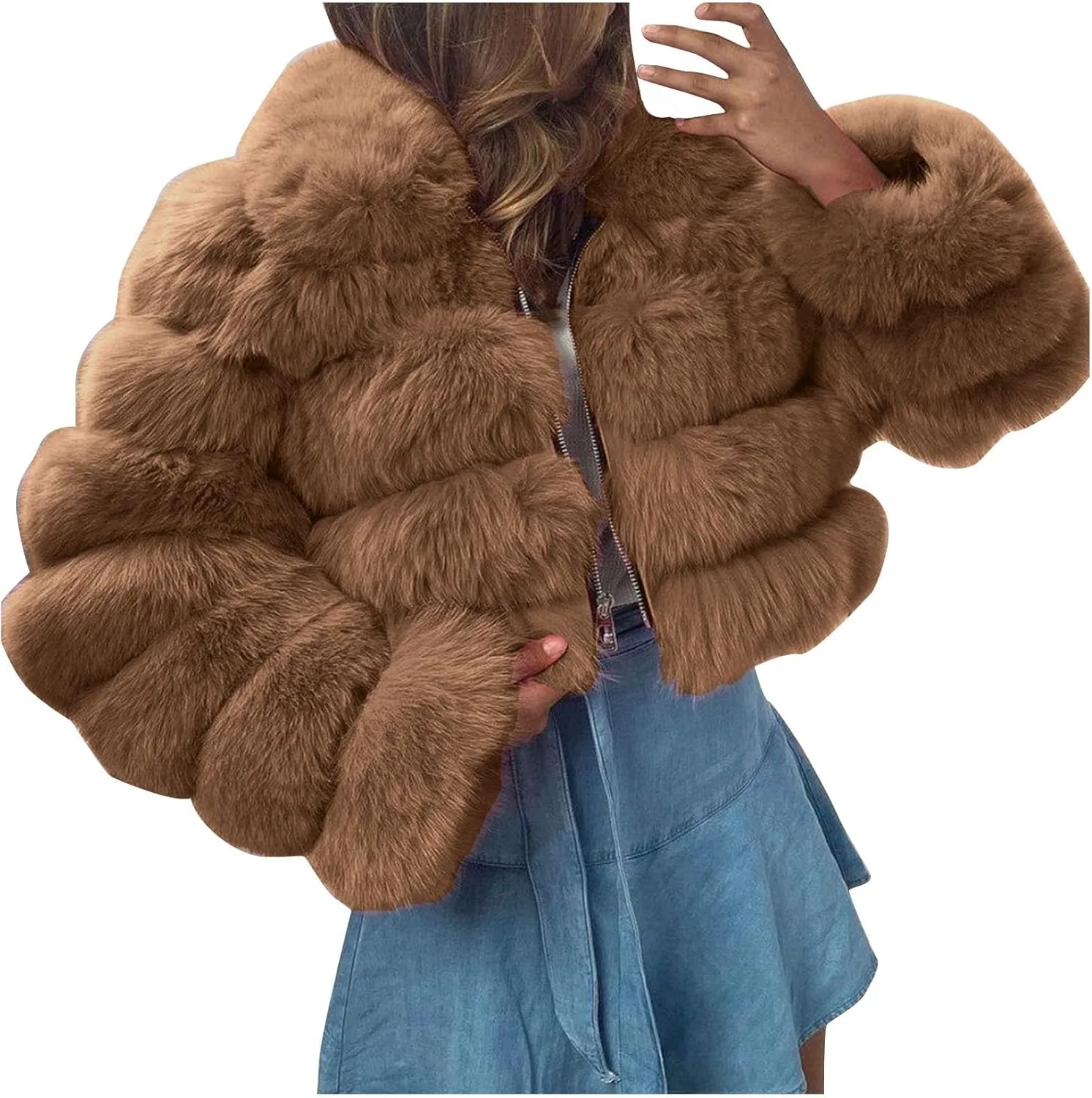 Women Short Faux Fur Coats Hooded Warm Furry Splicing Jacket Elegant Outerwear Fluffy Crop Winter Coat