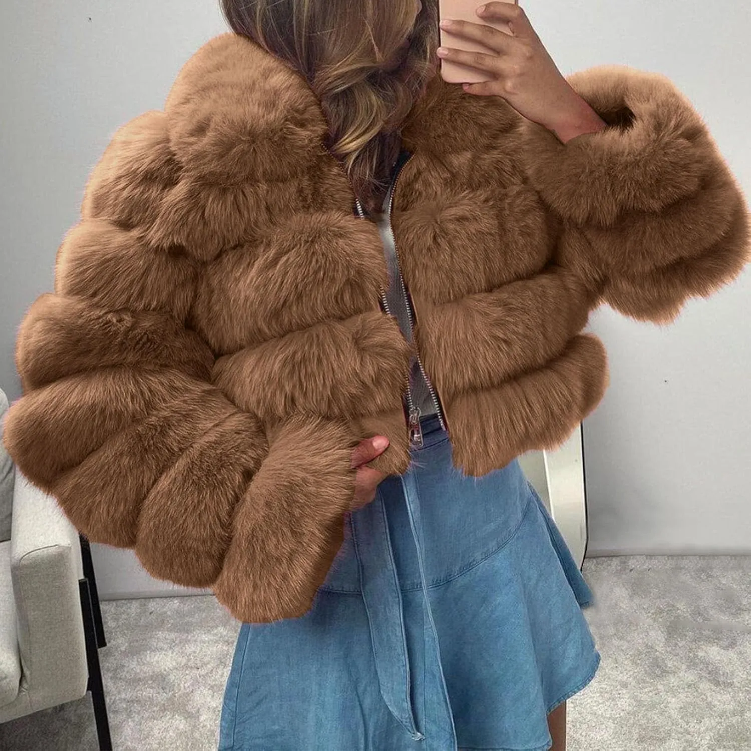 Women Short Faux Fur Coats Hooded Warm Furry Splicing Jacket Elegant Outerwear Fluffy Crop Winter Coat