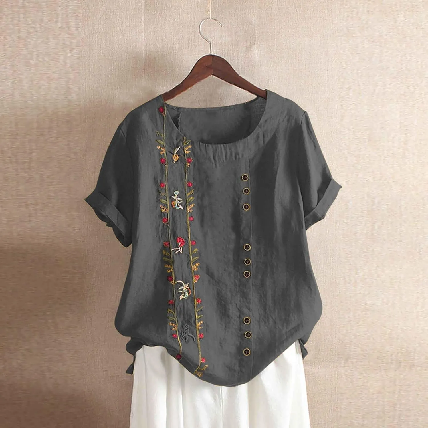 Women Short Sleeve Linen Shirts Floral Print Cotton Blouses Dressy Causal Tunic Tops Trendy Summer Causal Outfits