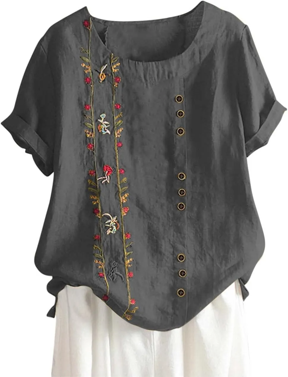 Women Short Sleeve Linen Shirts Floral Print Cotton Blouses Dressy Causal Tunic Tops Trendy Summer Causal Outfits
