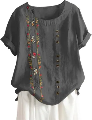 Women Short Sleeve Linen Shirts Floral Print Cotton Blouses Dressy Causal Tunic Tops Trendy Summer Causal Outfits