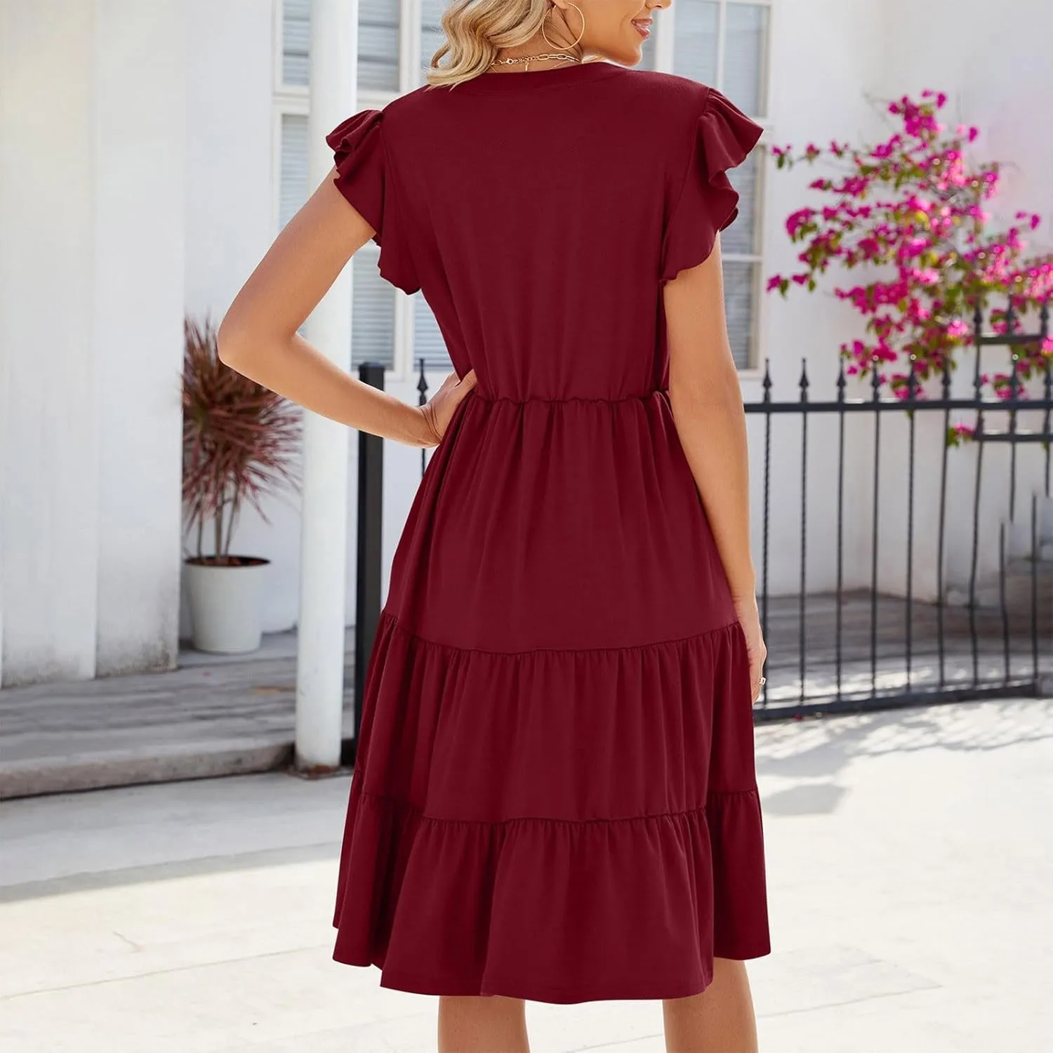 Women Summer Dresses Ruffle Cap Sleeve V Neck High Elastic Waist Tiered Pleated Solid Color A Line Midi Dress