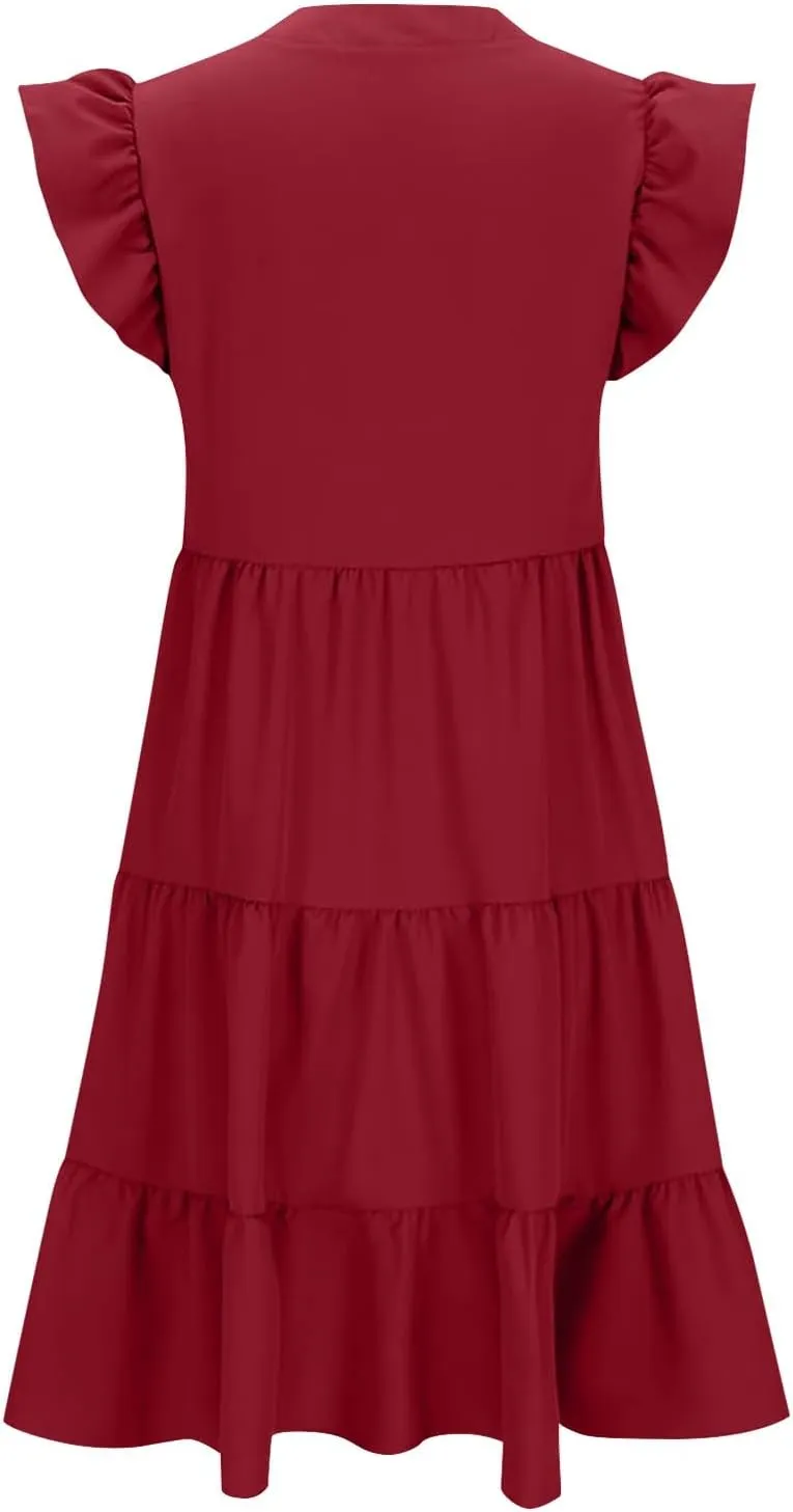 Women Summer Dresses Ruffle Cap Sleeve V Neck High Elastic Waist Tiered Pleated Solid Color A Line Midi Dress