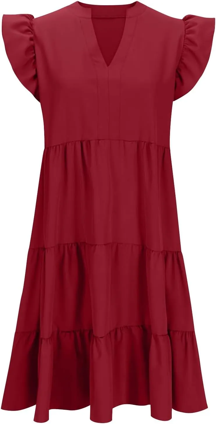 Women Summer Dresses Ruffle Cap Sleeve V Neck High Elastic Waist Tiered Pleated Solid Color A Line Midi Dress
