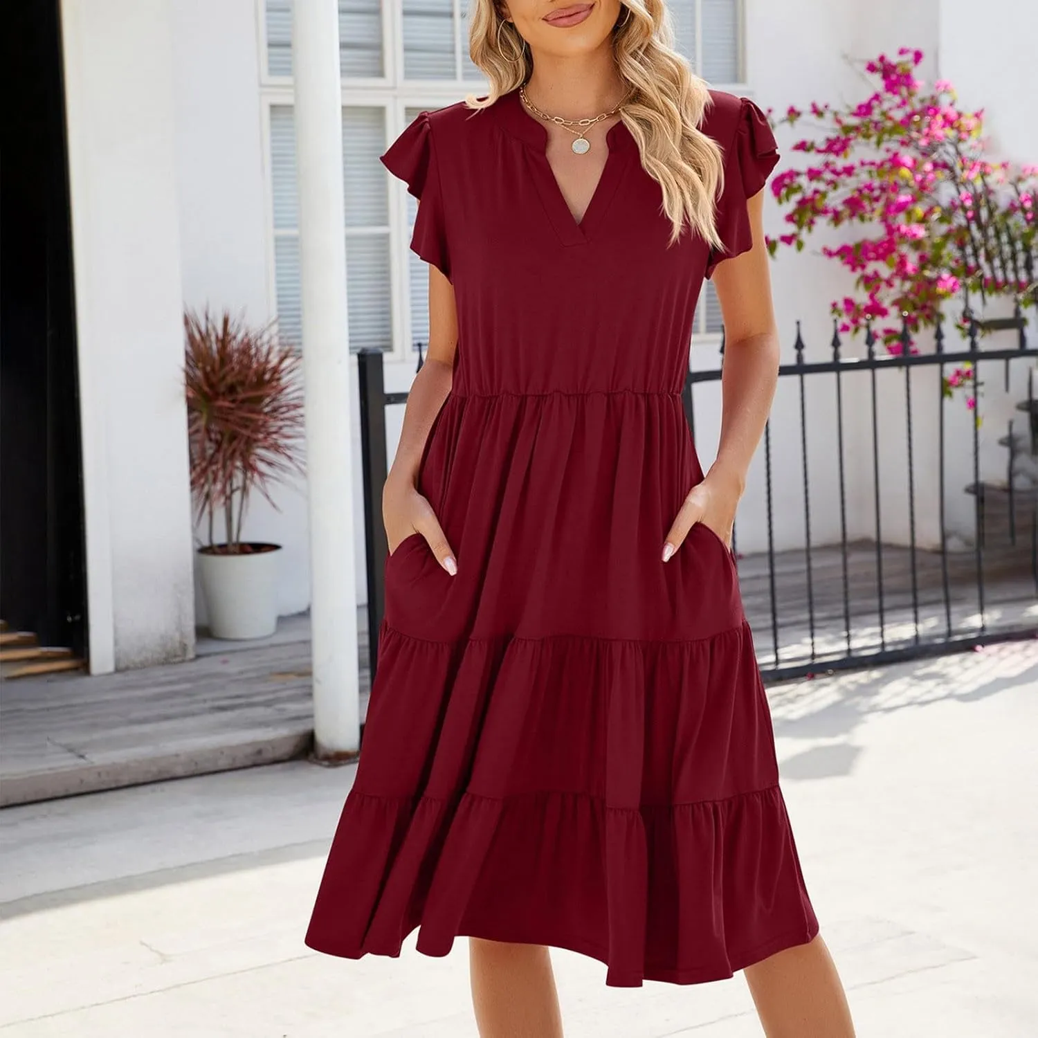 Women Summer Dresses Ruffle Cap Sleeve V Neck High Elastic Waist Tiered Pleated Solid Color A Line Midi Dress