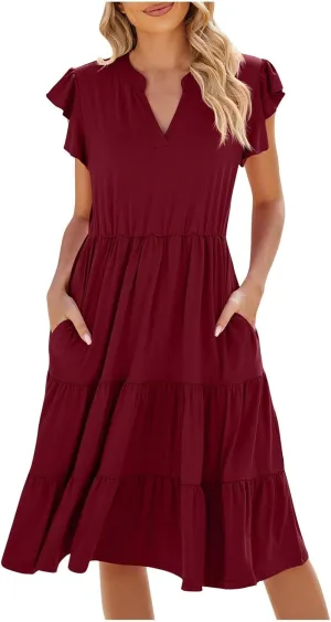 Women Summer Dresses Ruffle Cap Sleeve V Neck High Elastic Waist Tiered Pleated Solid Color A Line Midi Dress