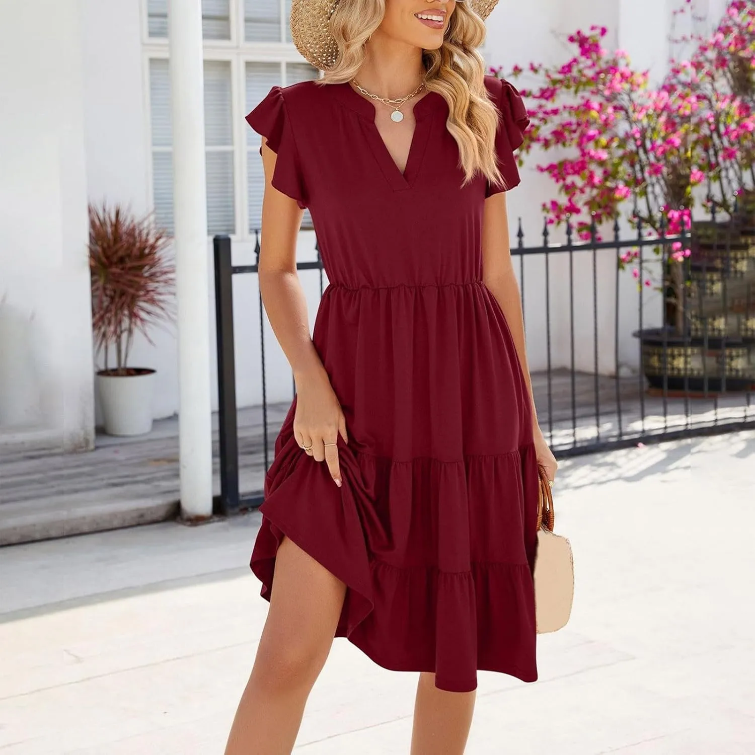 Women Summer Dresses Ruffle Cap Sleeve V Neck High Elastic Waist Tiered Pleated Solid Color A Line Midi Dress