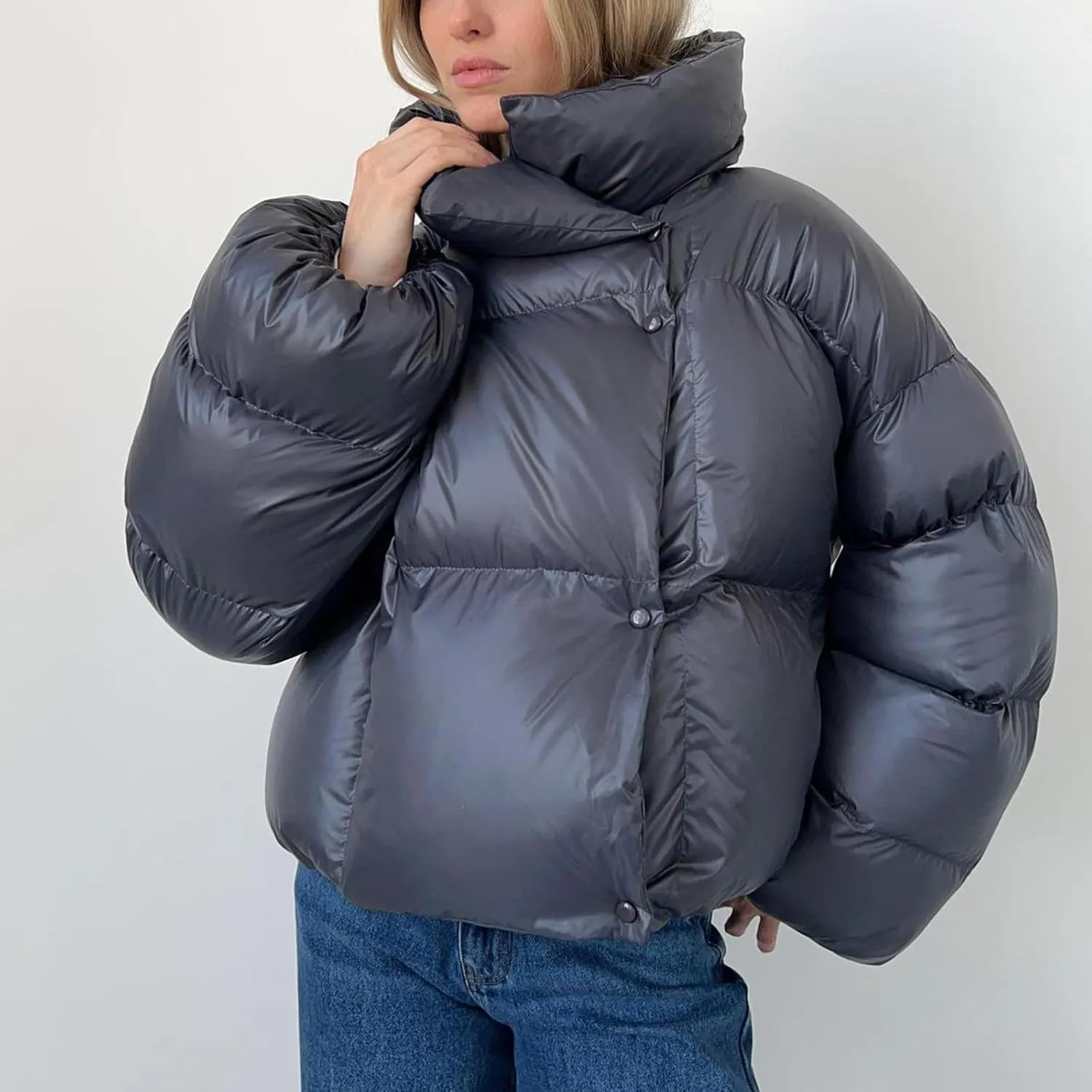 Women Trendy Stand Collar Puffer Jacket Warm Winter Turtleneck Coats Hooded Cardigan Down Puffy Bread Outwear
