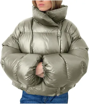 Women Trendy Stand Collar Puffer Jacket Warm Winter Turtleneck Coats Hooded Cardigan Down Puffy Bread Outwear