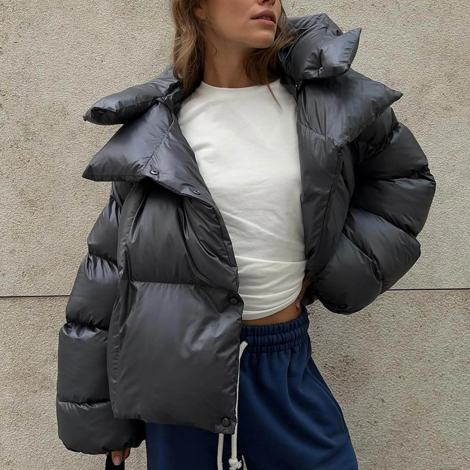 Women Trendy Stand Collar Puffer Jacket Warm Winter Turtleneck Coats Hooded Cardigan Down Puffy Bread Outwear