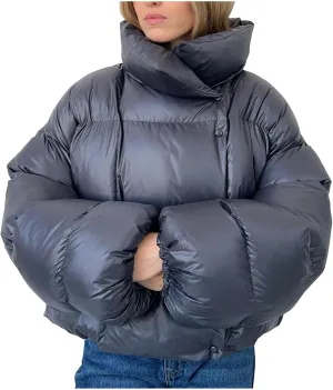 Women Trendy Stand Collar Puffer Jacket Warm Winter Turtleneck Coats Hooded Cardigan Down Puffy Bread Outwear