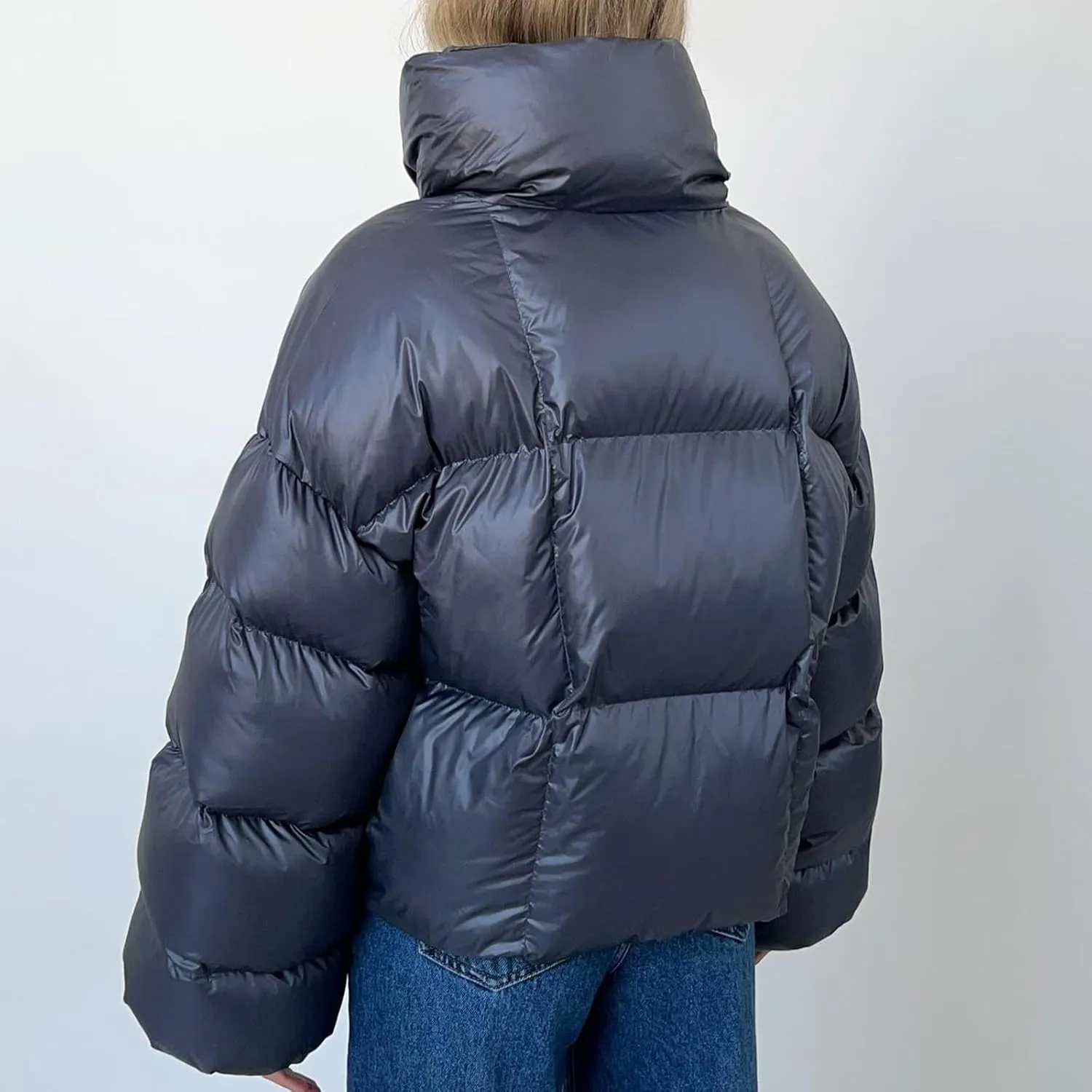 Women Trendy Stand Collar Puffer Jacket Warm Winter Turtleneck Coats Hooded Cardigan Down Puffy Bread Outwear