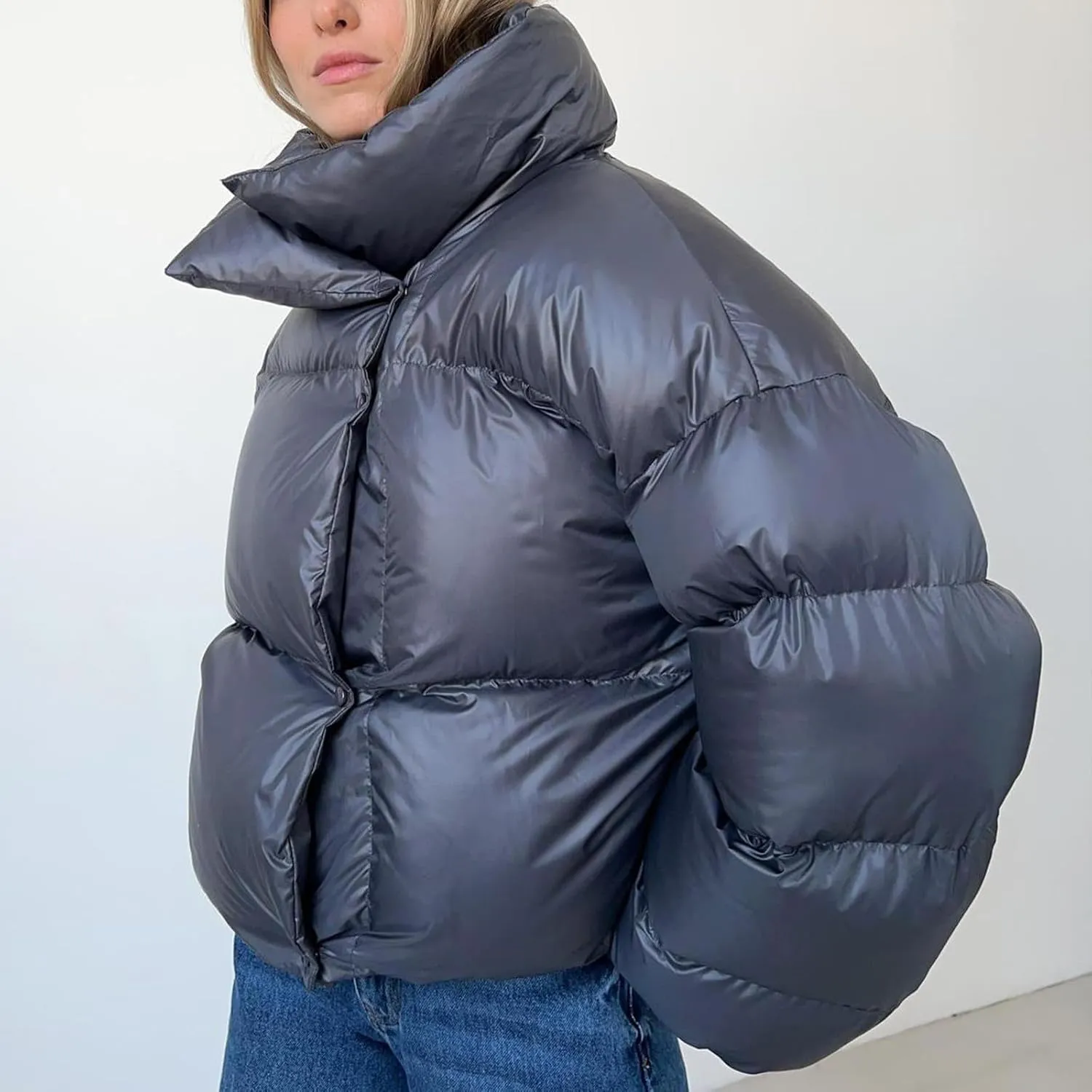 Women Trendy Stand Collar Puffer Jacket Warm Winter Turtleneck Coats Hooded Cardigan Down Puffy Bread Outwear