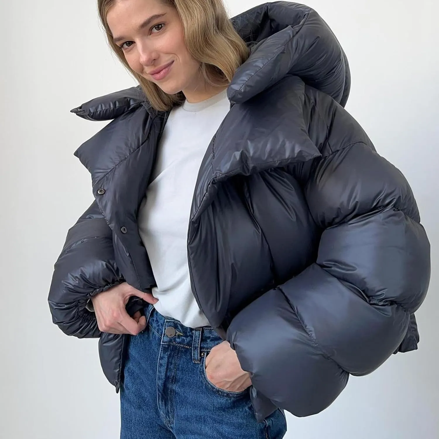 Women Trendy Stand Collar Puffer Jacket Warm Winter Turtleneck Coats Hooded Cardigan Down Puffy Bread Outwear
