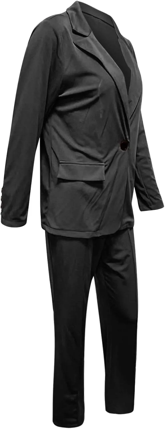 Women Two Piece Lapels Suit Set Business Long Sleeve Button Formal Jacket Pant Suit Slim LooseTrouser Jacket Suit