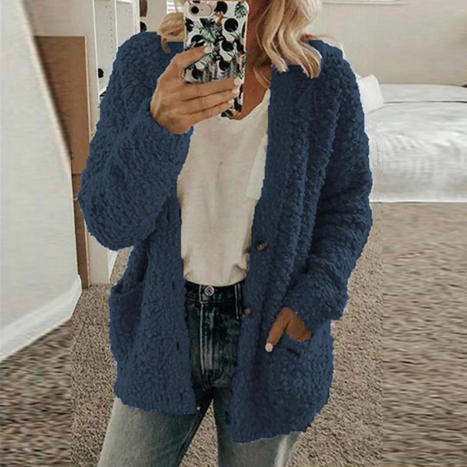 Women Warm Plush Coats Plus Size Sweater Cardigans Button Zipper Hooded Jacket Casual Solid Color Fleece Outerwear Tops