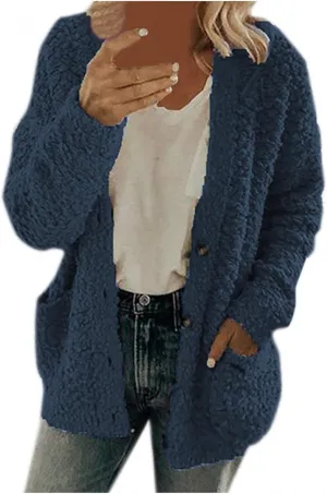 Women Warm Plush Coats Plus Size Sweater Cardigans Button Zipper Hooded Jacket Casual Solid Color Fleece Outerwear Tops