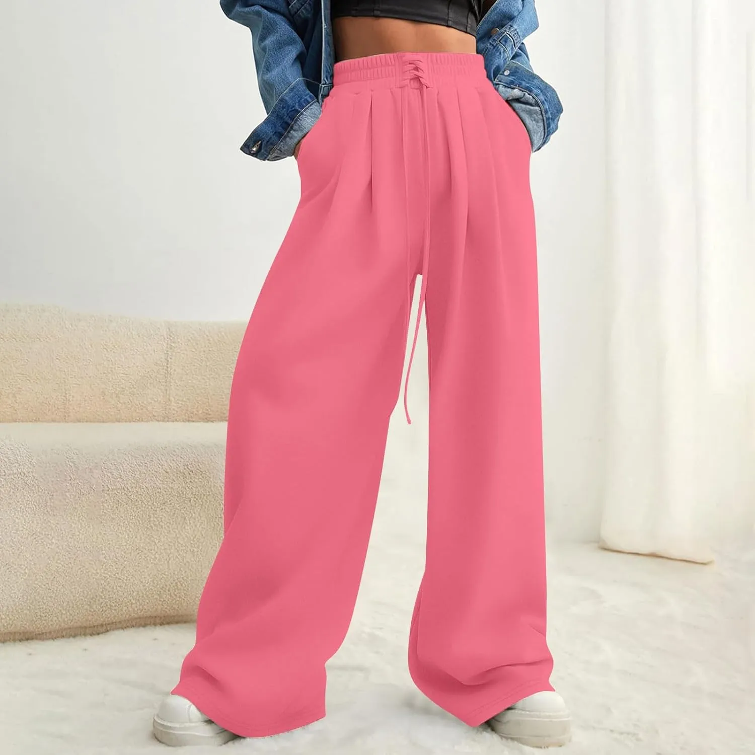 Women Wide Leg Sweatpants Fleece Fashion Loose Pants Full Length Oversized Lounge Joggers Baggy Solid Color Pants
