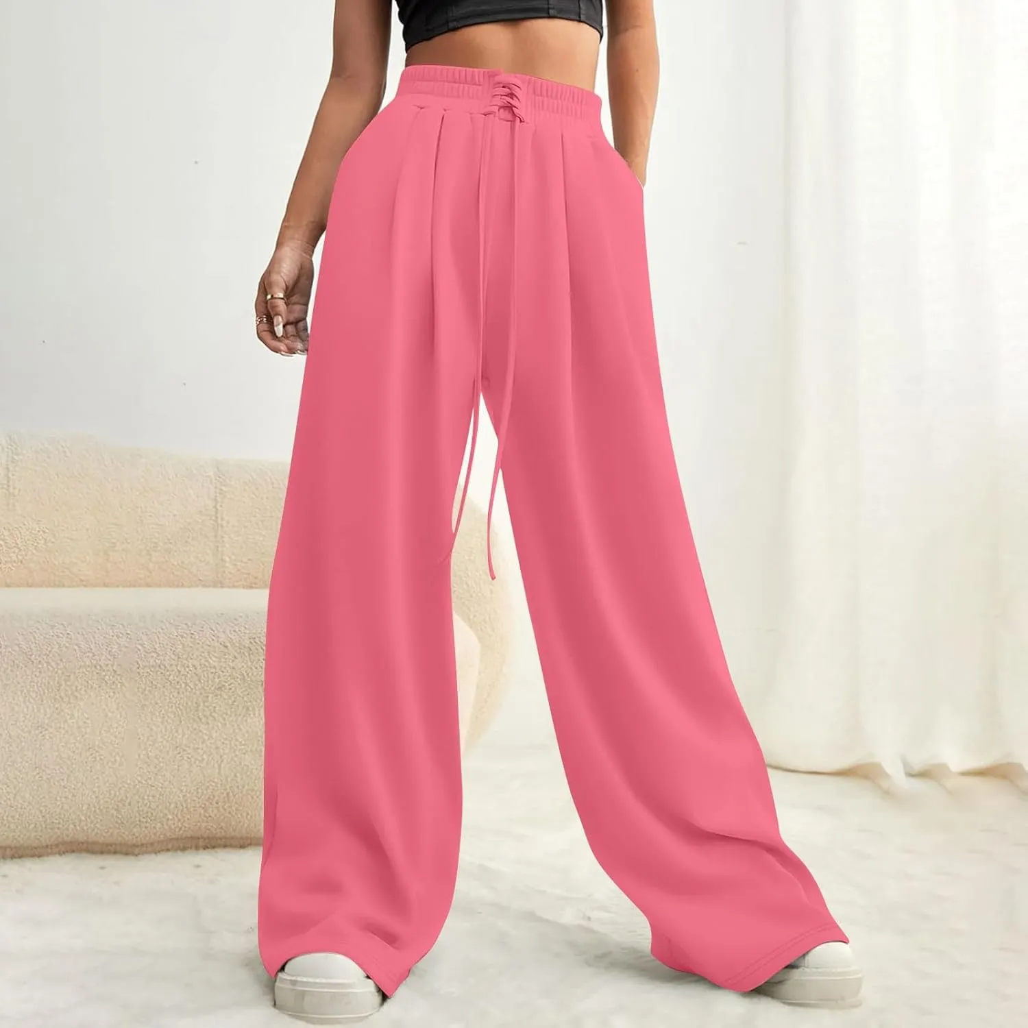 Women Wide Leg Sweatpants Fleece Fashion Loose Pants Full Length Oversized Lounge Joggers Baggy Solid Color Pants