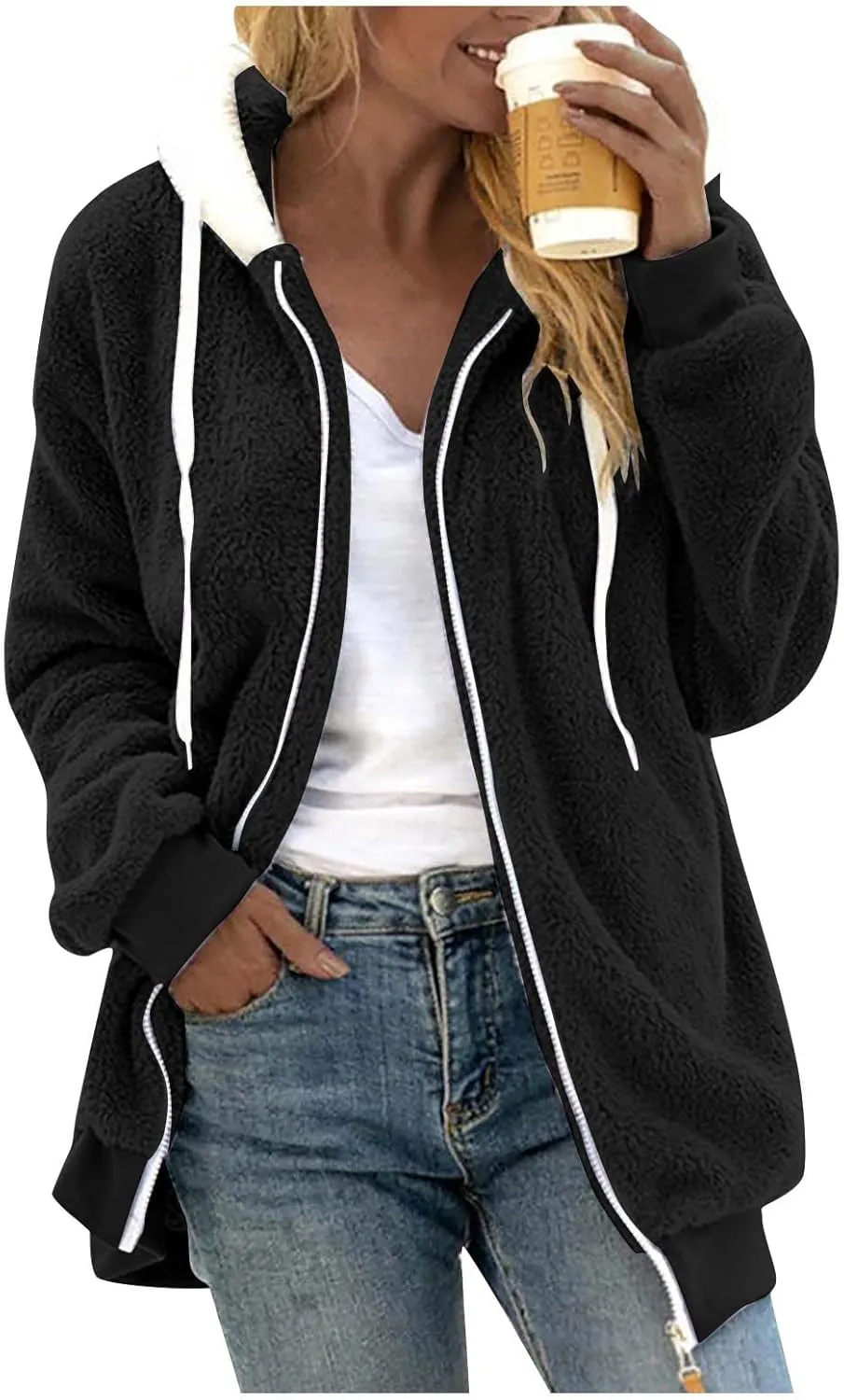 Women Winter Faux Fur Coat Trendy Long Sleeve Fuzzy Fleece Outerwear Zipper Sherpa Jackets with Hood Plus Size Tops