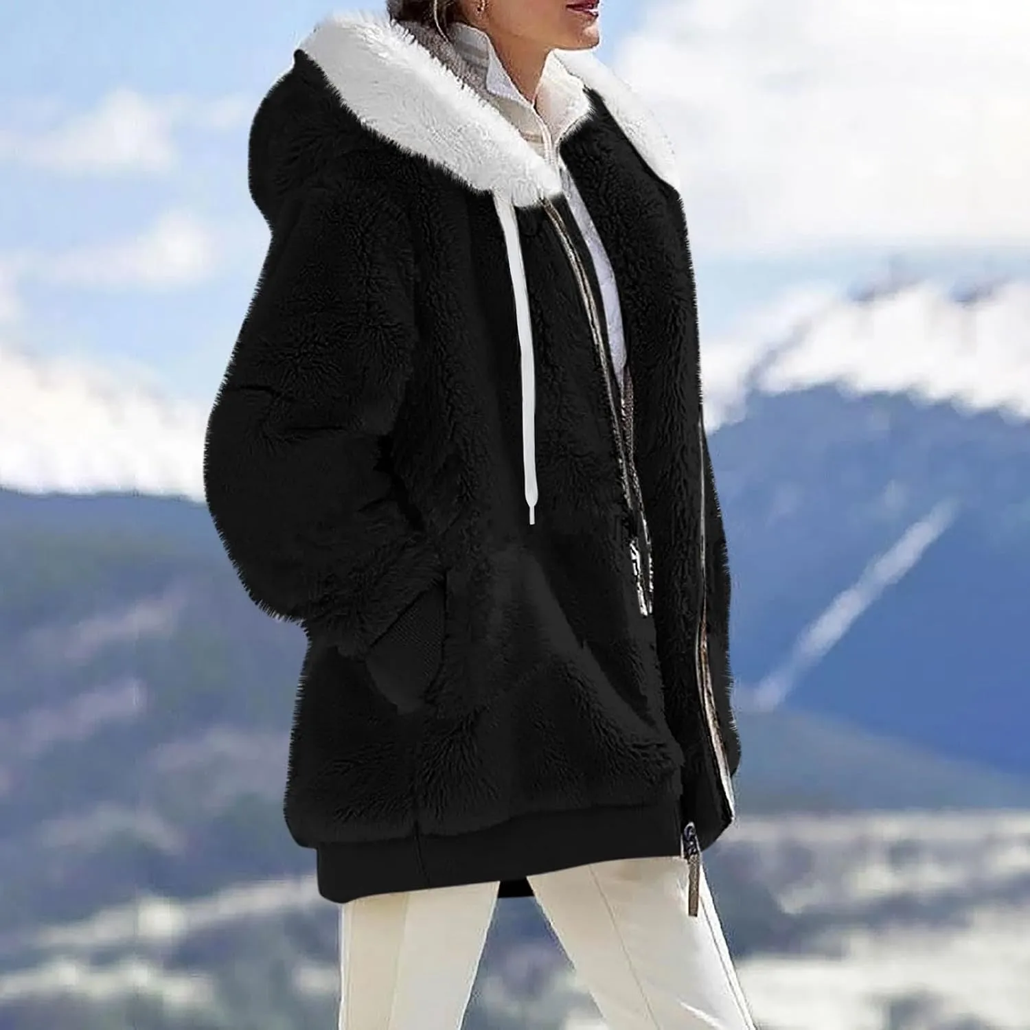 Women Winter Faux Fur Coat Trendy Long Sleeve Fuzzy Fleece Outerwear Zipper Sherpa Jackets with Hood Plus Size Tops