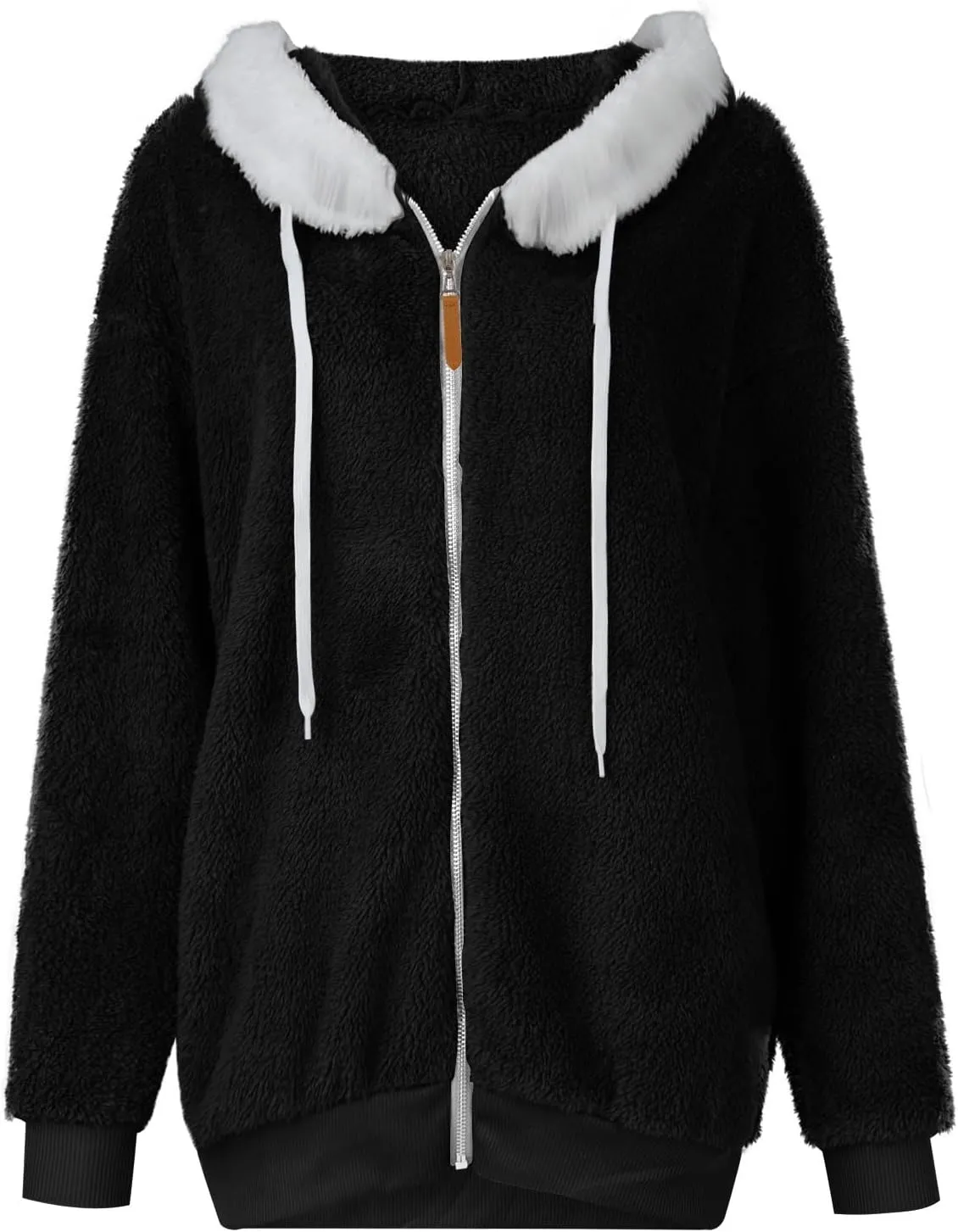 Women Winter Faux Fur Coat Trendy Long Sleeve Fuzzy Fleece Outerwear Zipper Sherpa Jackets with Hood Plus Size Tops