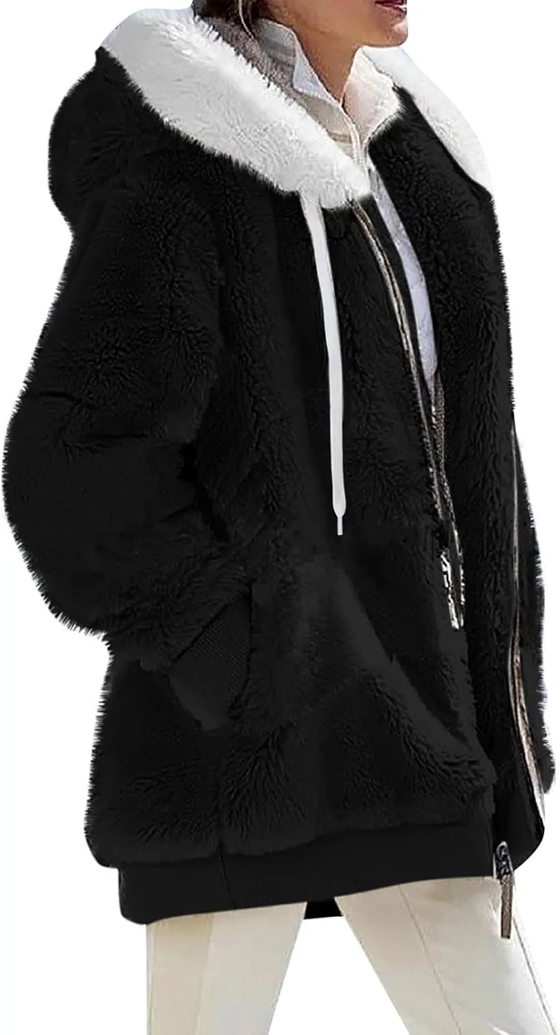 Women Winter Faux Fur Coat Trendy Long Sleeve Fuzzy Fleece Outerwear Zipper Sherpa Jackets with Hood Plus Size Tops