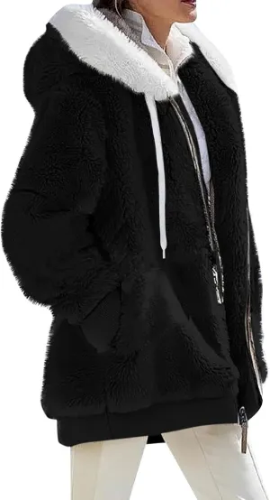 Women Winter Faux Fur Coat Trendy Long Sleeve Fuzzy Fleece Outerwear Zipper Sherpa Jackets with Hood Plus Size Tops