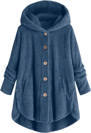 Women Winter Plush Coats Plus Size Button Hooded Cardigan Coat Loose Casual Outerwear Fleece Wool Jacket