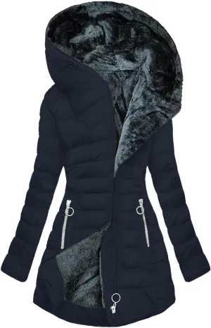Women Winter Warm Coats Plush Fleece Lined Jackets with Pockets Zip Up Hoodie Quilted Puffer Padded Overcoat