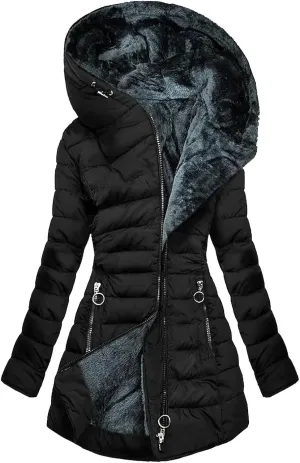 Women Winter Warm Coats Plush Fleece Lined Jackets with Pockets Zip Up Hoodie Quilted Puffer Padded Overcoat