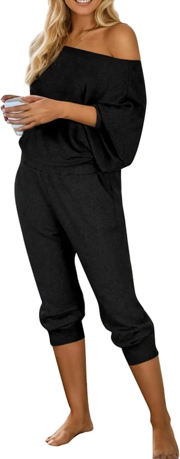 Women's 2 Piece Outfits Off Shoulder Tracksuits Ribbed Long Sleeve Pullover Jogger Pants With Pockets